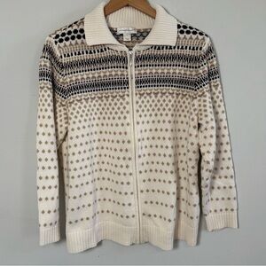 Christopher & Banks Cream and Tan Knit Full Zip Sweater, Size L